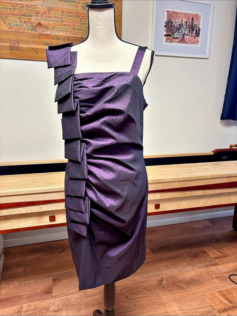 S.L. Fashions Ruched Midi Dress in Purple Size 12 Like New